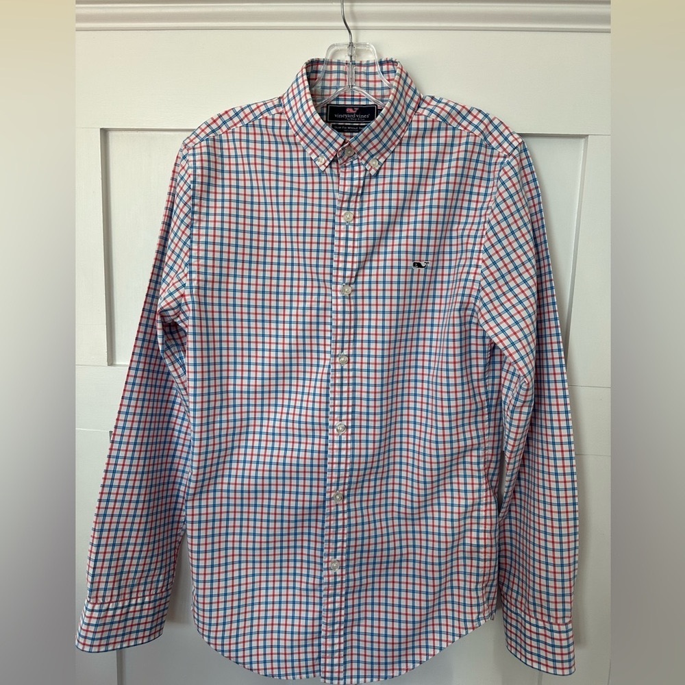 Vineyard Vines Men’s XS Slim Fit Whale Shirt White with Red and Blue Plaid